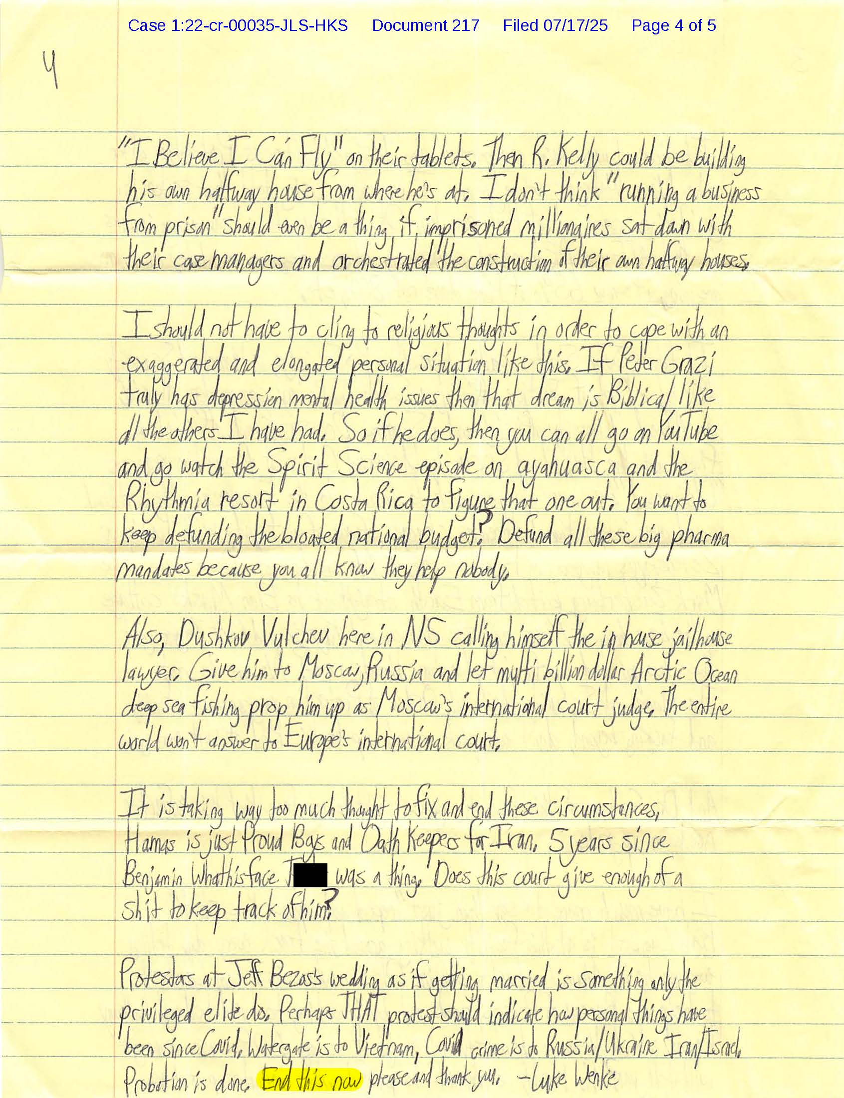 Page 4 of Luke Wenke's handwritten July 2025 federal court letter, filed as Document 217, discussing R. Kelly, the Bureau of Prisons, alleged Hamas connections, and claims involving prison officials, lawyers, and federal judges.