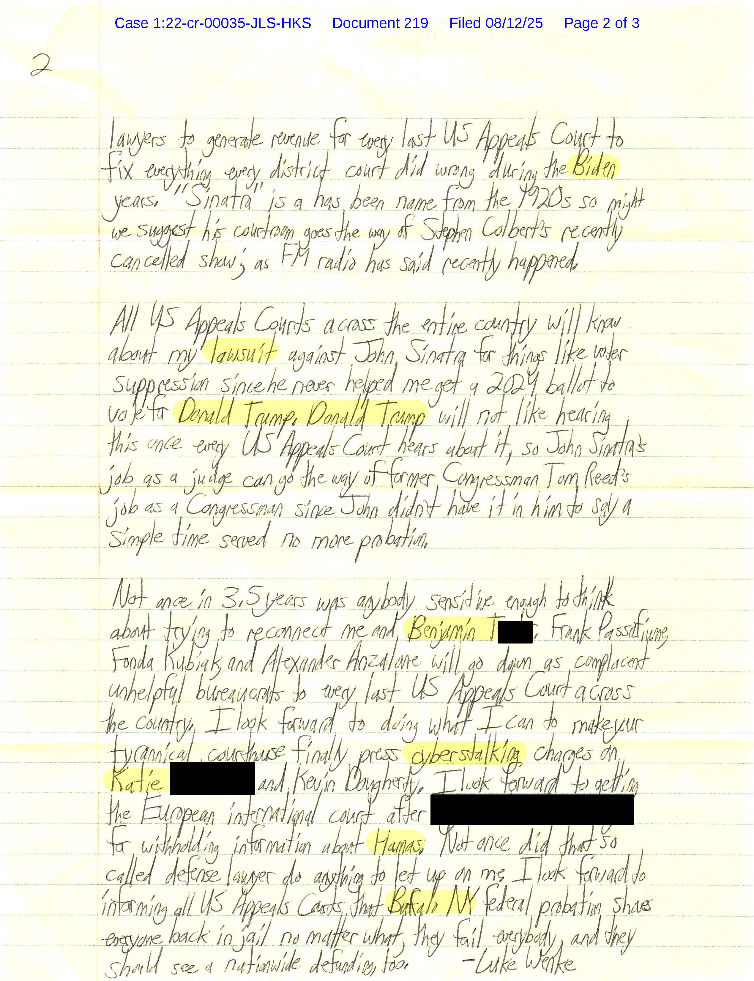 Page two of Luke Wenke’s letter to Judge Richard Arcara threatening a lawsuit against Judge John Sinatra, discussing cyberstalking charges, Donald Trump, and plans involving U.S. appeals courts.