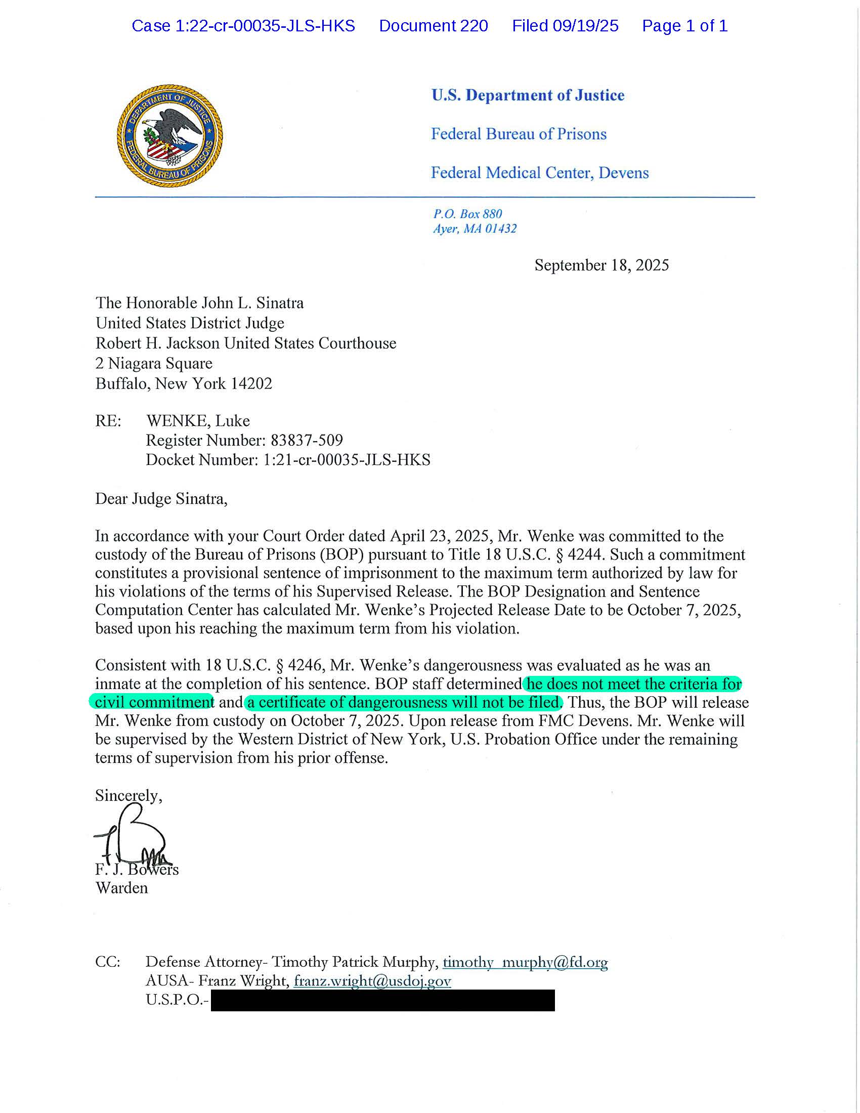 September 18, 2025 Bureau of Prisons letter to Judge John Sinatra stating Luke Wenke does not meet the criteria for civil commitment and will not receive a certificate of dangerousness.