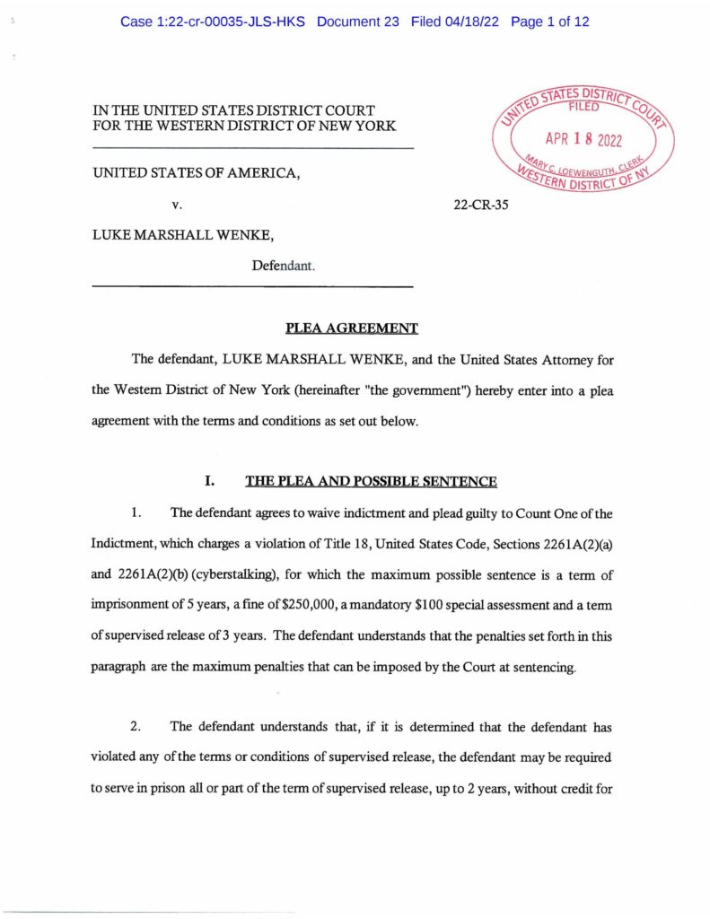 usa v. luke wenke cyberstalking plea agreement april 2022