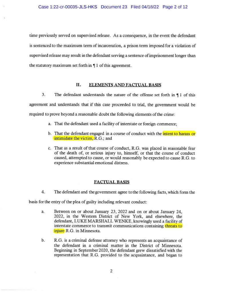 usa v. luke wenke cyberstalking plea agreement april 2022