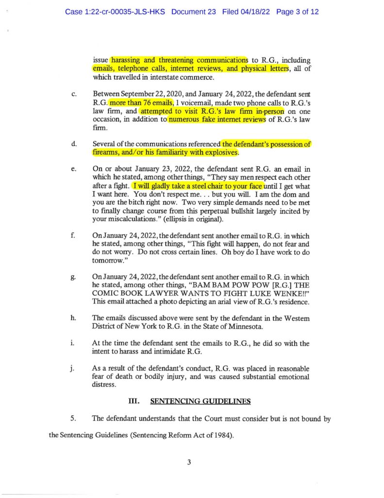 usa v. luke wenke cyberstalking plea agreement april 2022
