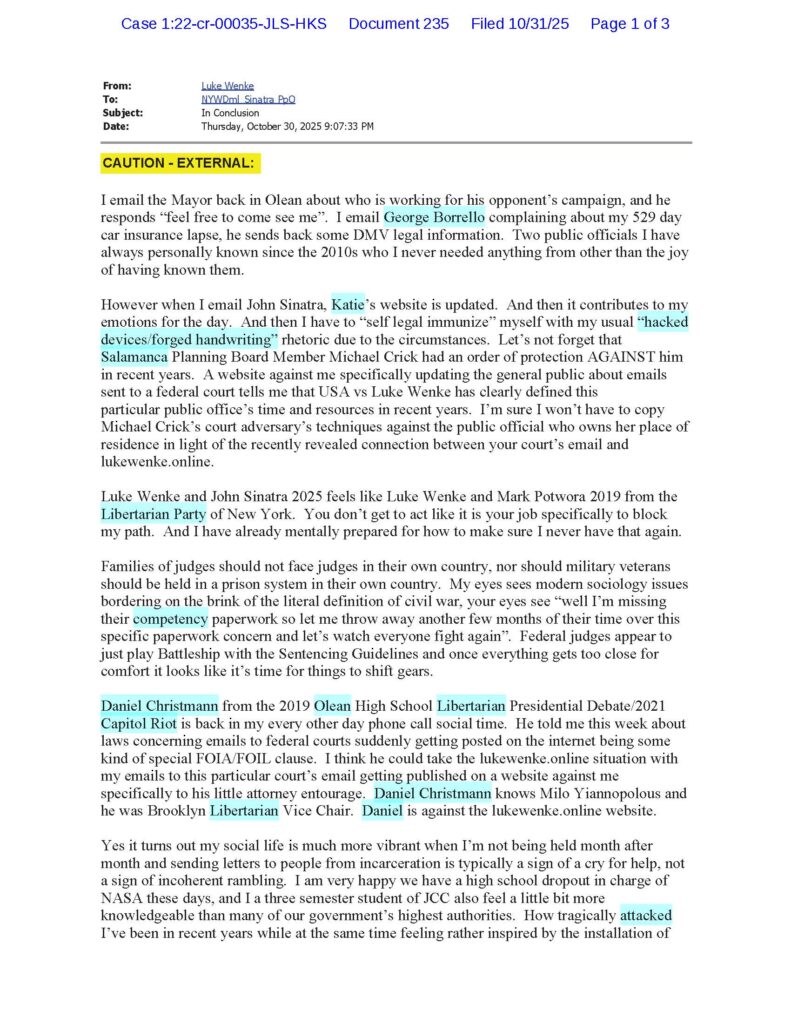 an email from luke wenke to the honorable john l. sinatra, jr. 10/2025