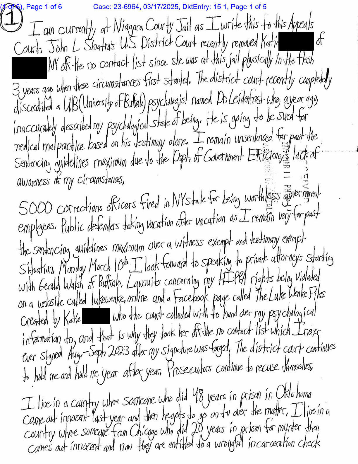Page 1 of Luke Wenke’s letter to the Second Circuit Court of Appeals discussing Niagara County Jail, Katie, The Luke Wenke Files, and alleged HIPAA violations.