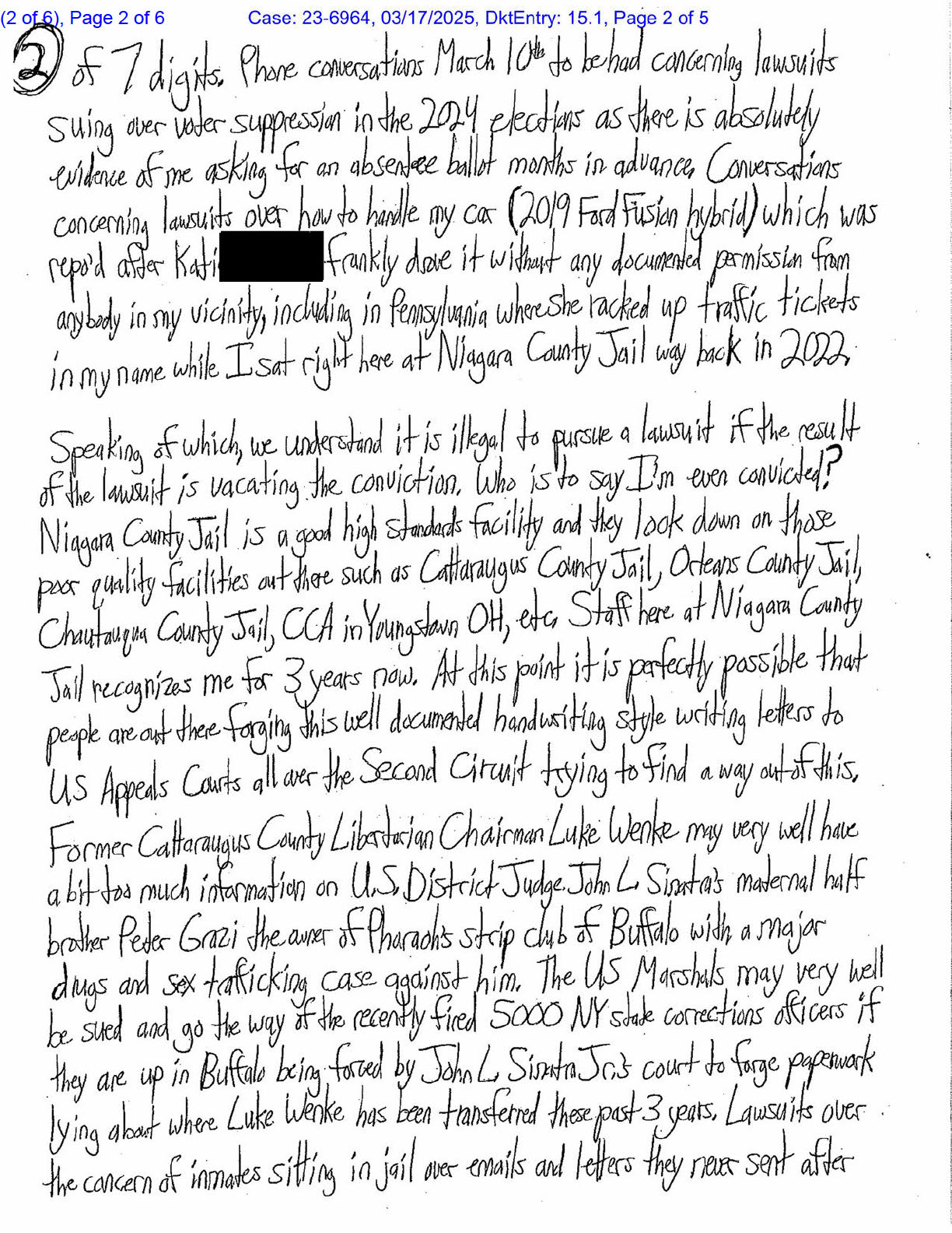 Page 2 of Luke Wenke’s letter to the Second Circuit Court of Appeals discussing lawsuits, Niagara County Jail, Katie, and his federal court case.