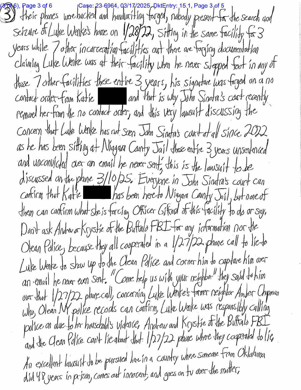 Page 3 of Luke Wenke’s letter to the Second Circuit Court of Appeals discussing Katie, Niagara County Jail, the Buffalo FBI, and alleged forged documents.
