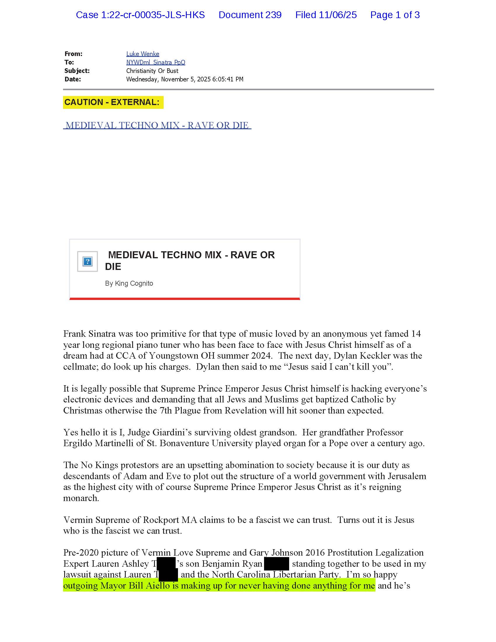 luke wenke email to judge john sinatra containing death threat against stalking victim katie november 2025