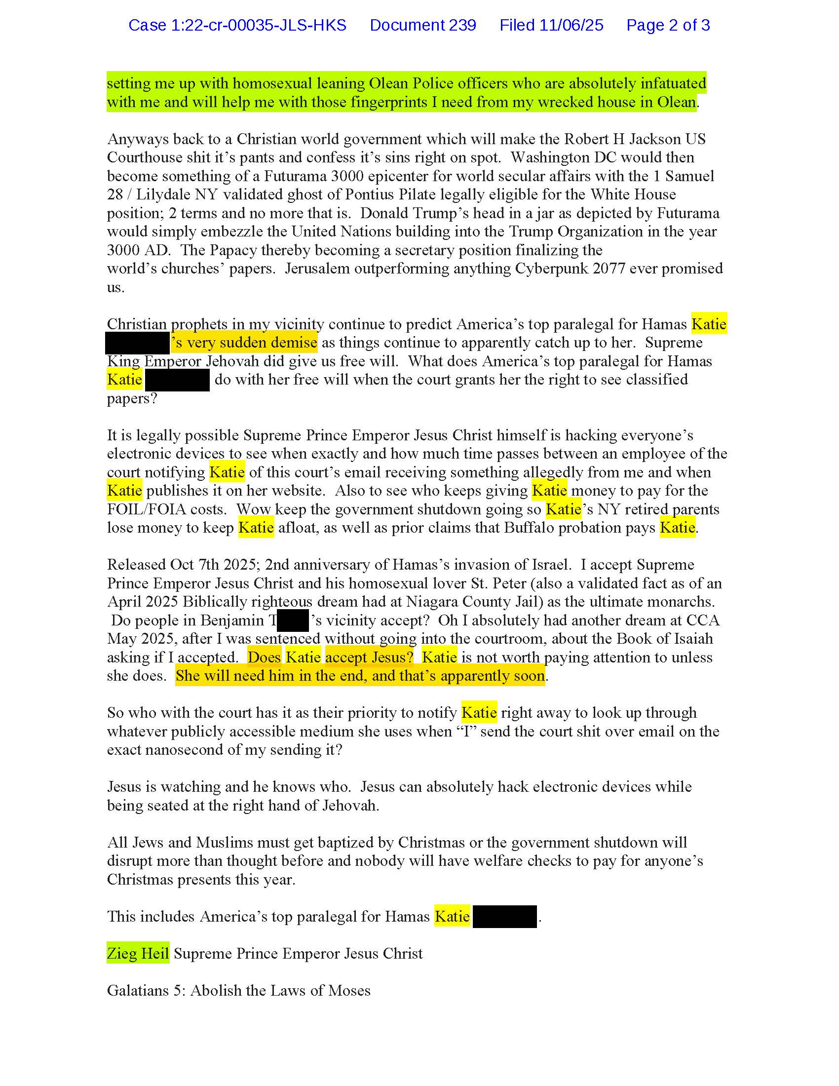 luke wenke email to judge john sinatra containing death threat against stalking victim katie november 2025