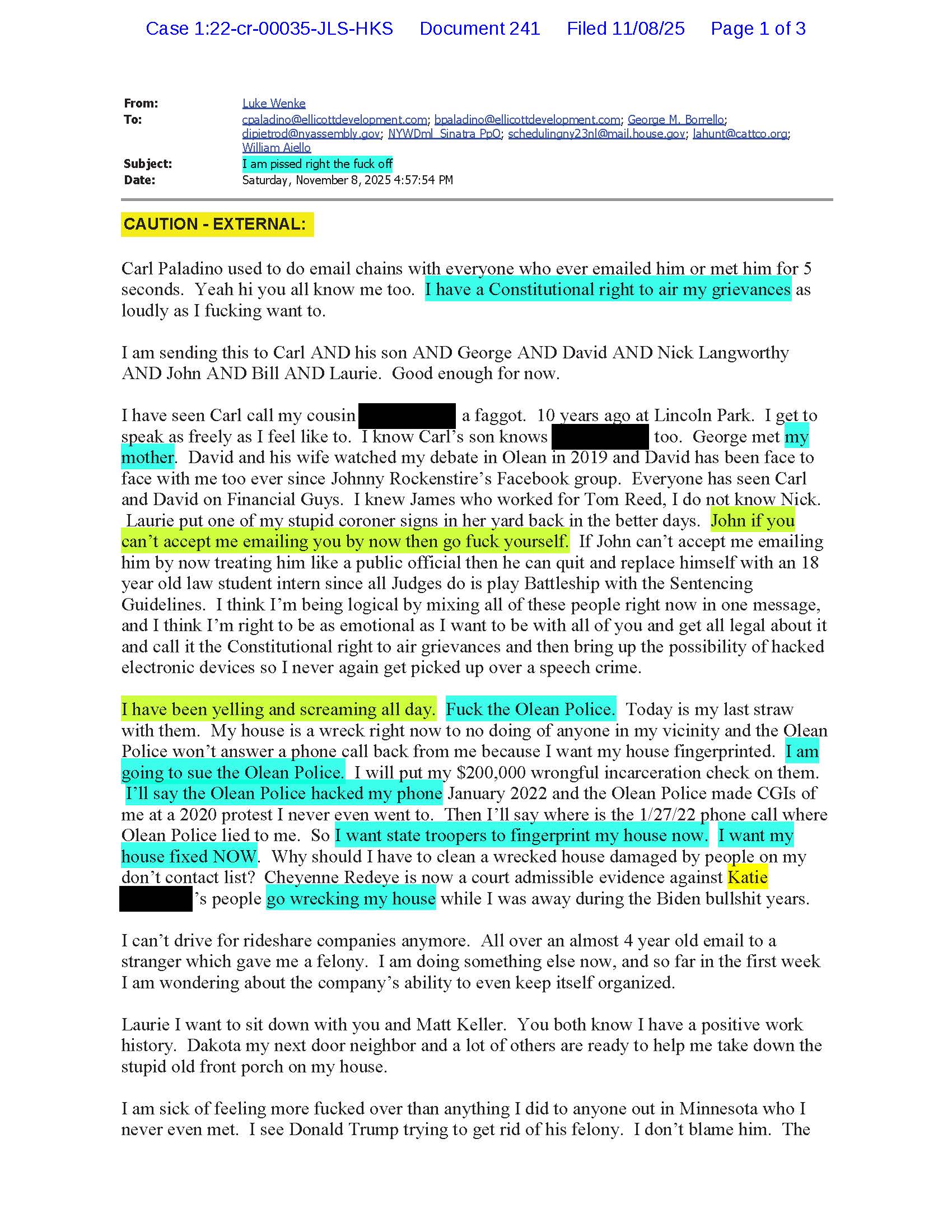 a letter from luke wenke to judge john sinatra blaming his stalking victims and threatening escalation november 2025