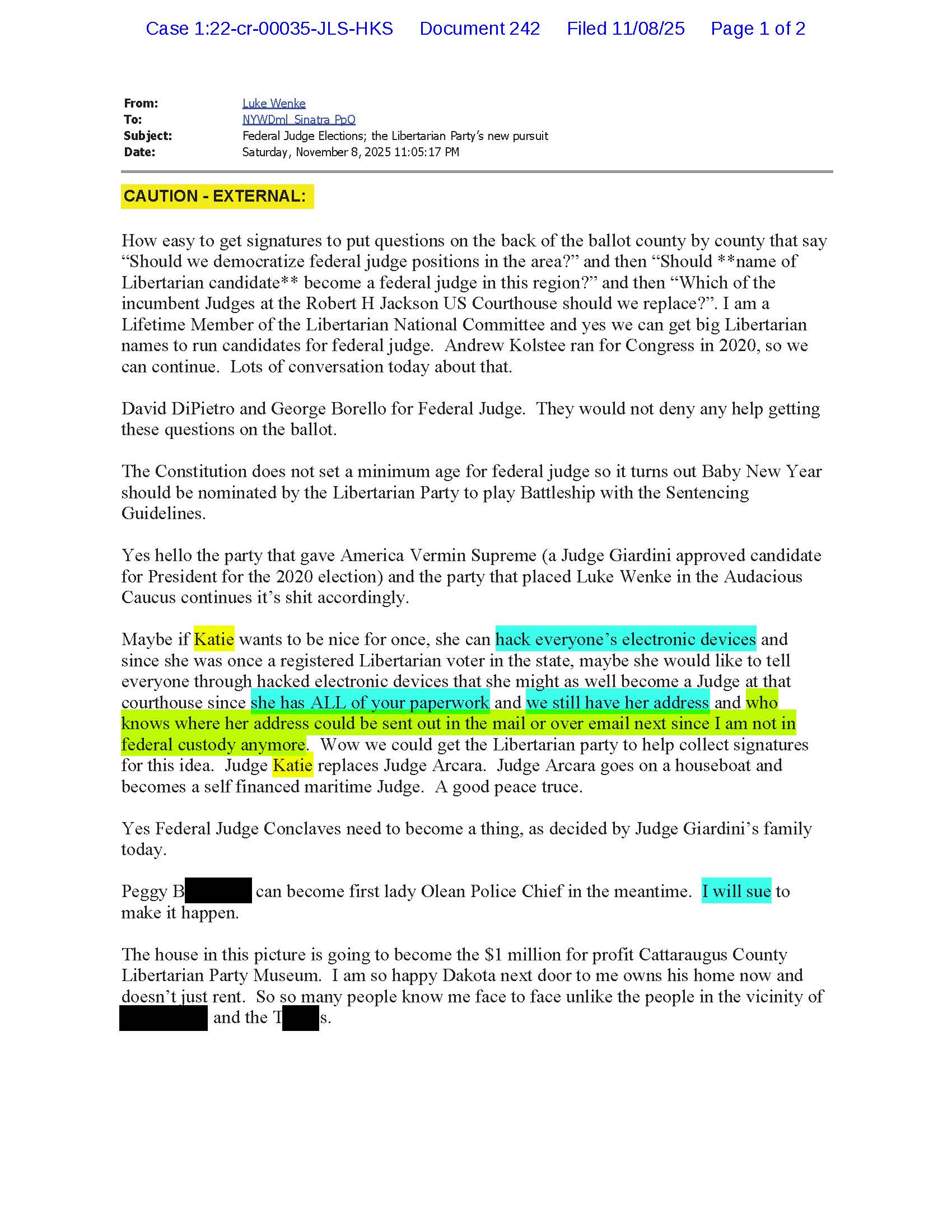 an email from luke wenke to judge john sinatra falsely accusing stalking victim katie of hacking his phone november 2025