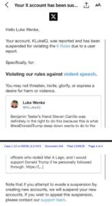 x/twitter notification to luke wenke that his account has been suspended december 2025