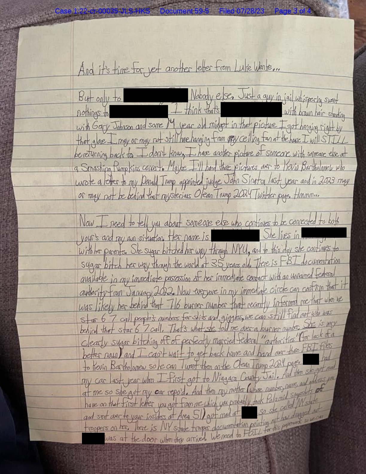 a handwritten letter from luke wenke to a stalking victim in violation of a protective order