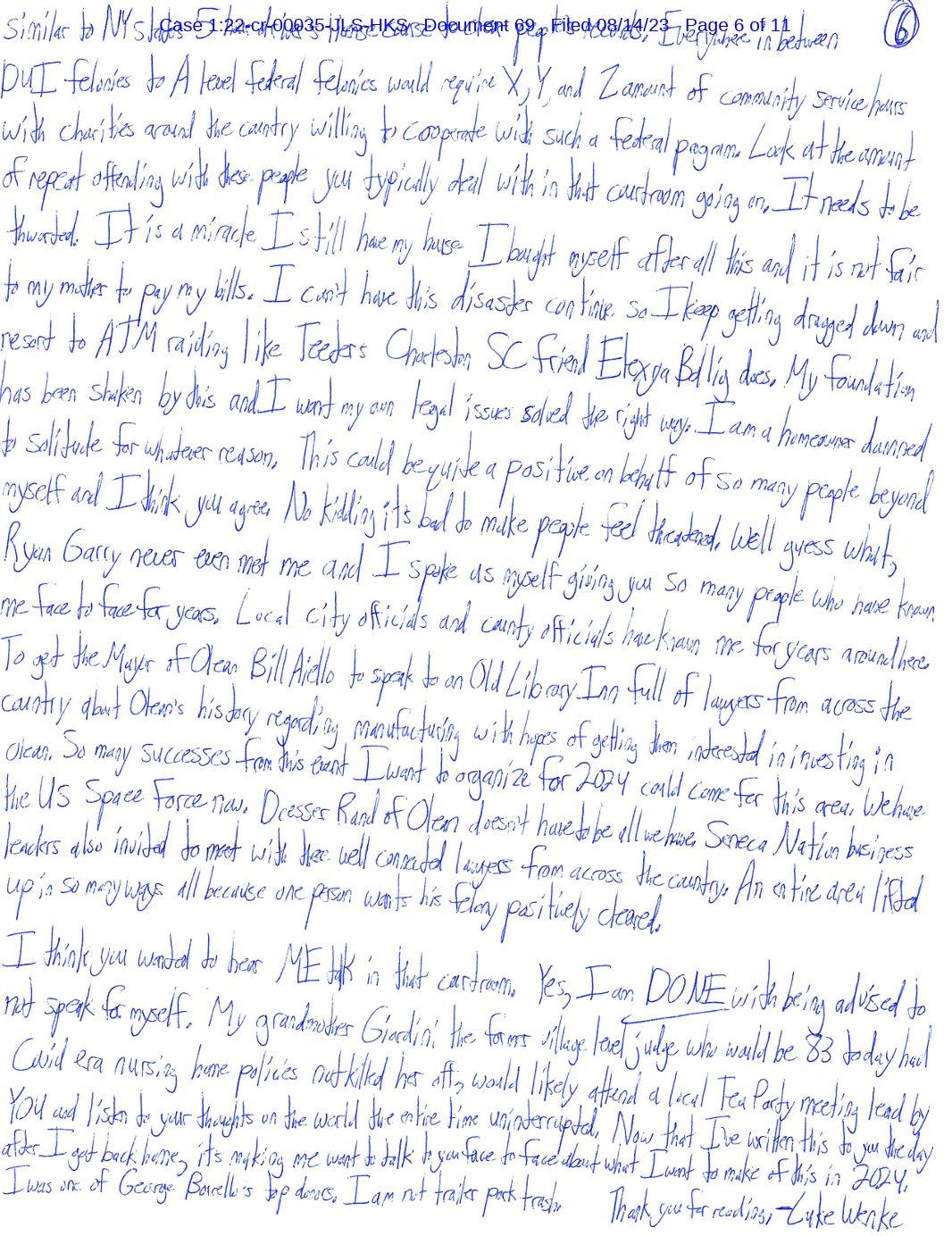 a letter from luke wenke to judge john sinatra august 2023