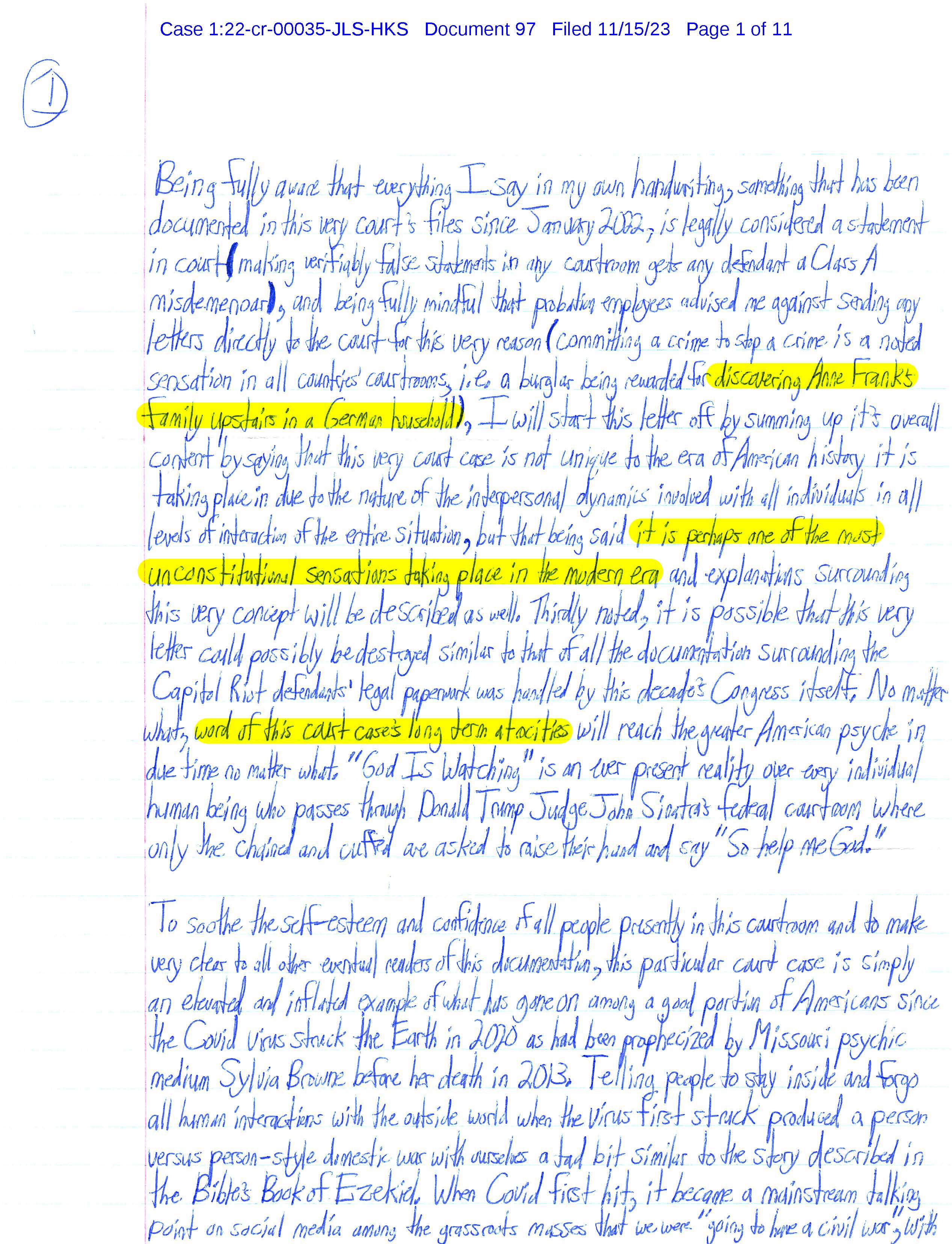 Page 1 of Luke Wenke’s handwritten November 2023 letter to the federal court in USA v. Luke Wenke, Document 97