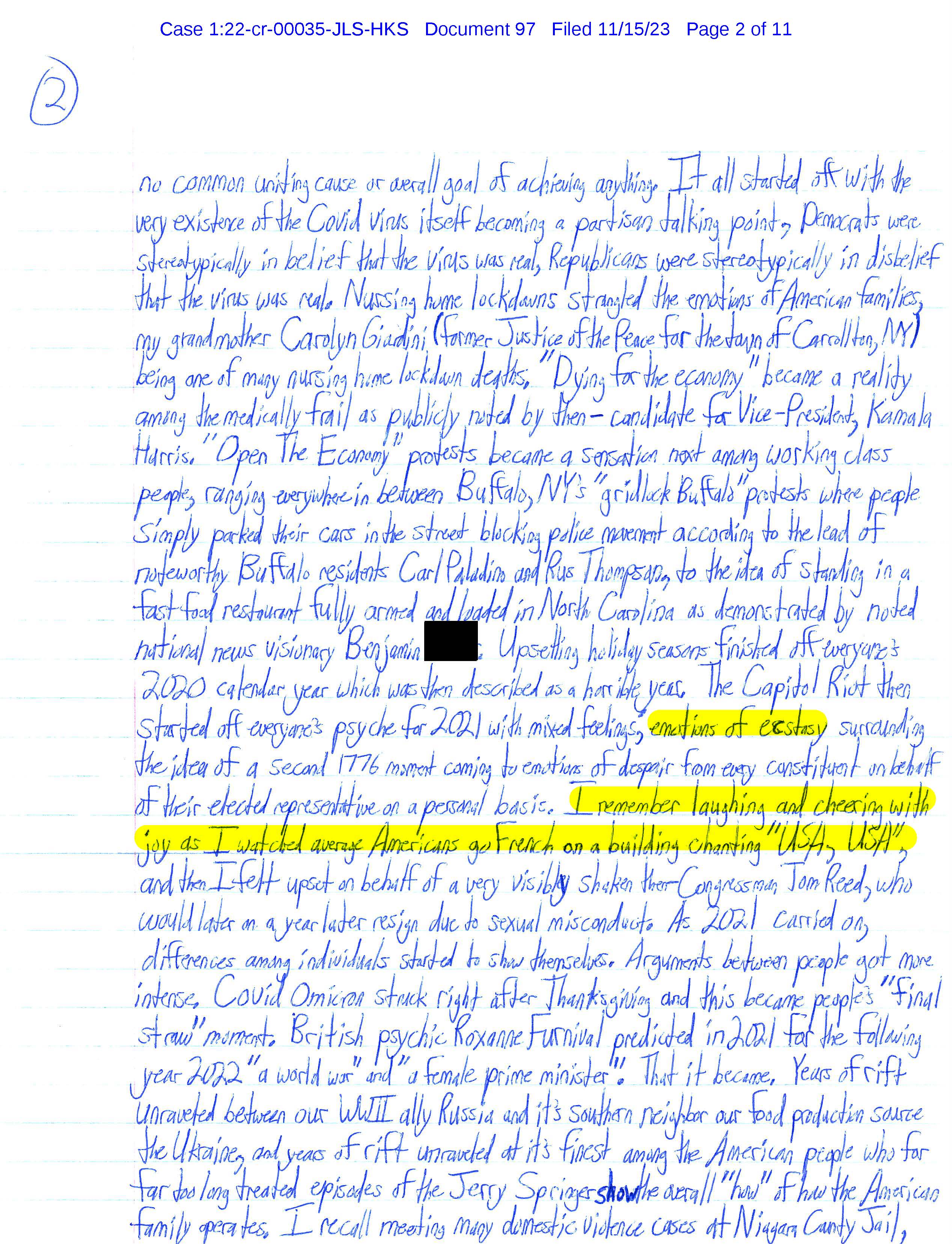 Page 2 of Luke Wenke’s November 15, 2023 letter to the federal court discussing COVID-19, politics, the Capitol riot, and personal reactions.