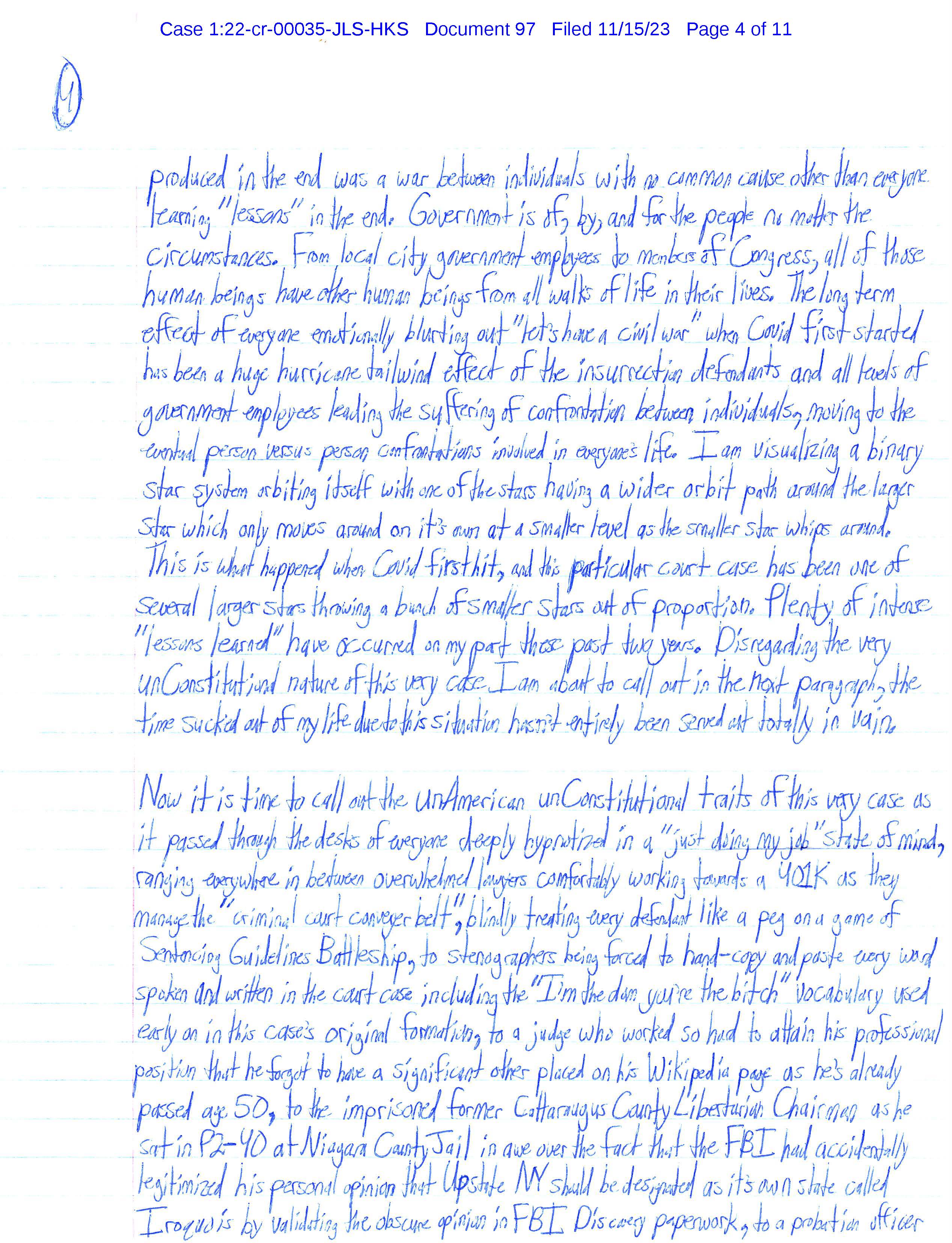 Page 4 of Luke Wenke’s November 15, 2023 letter criticizing his federal court case, government officials, attorneys, and the criminal justice system.