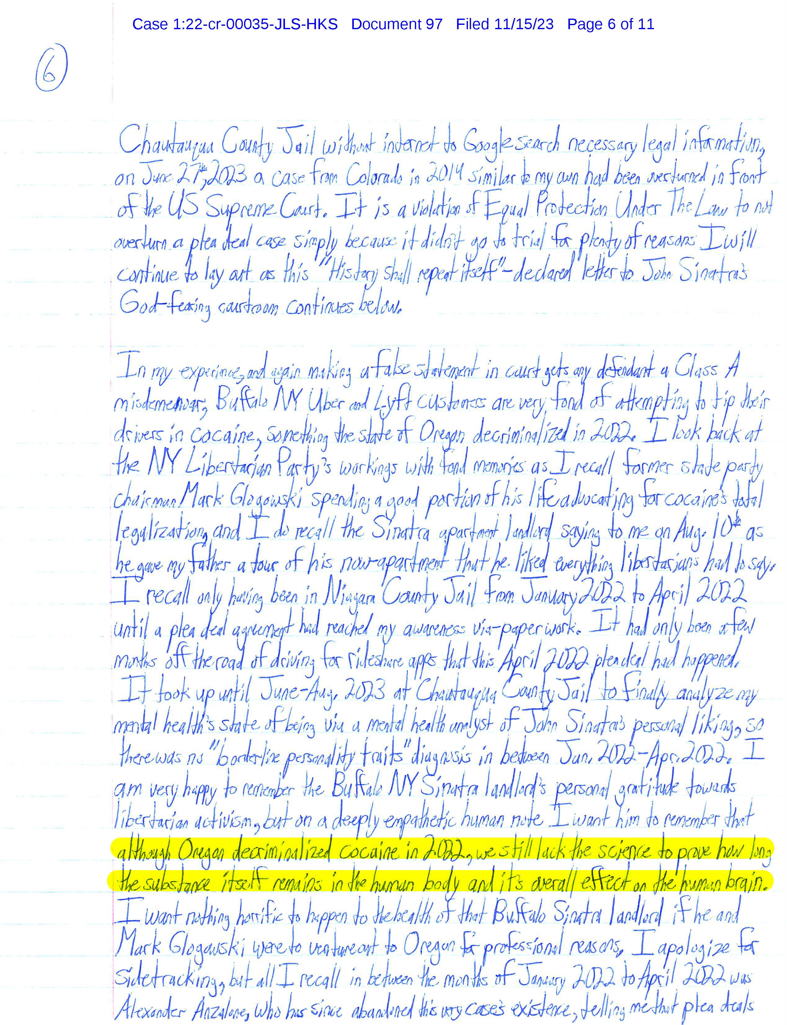 Page 6 of Luke Wenke’s November 15, 2023 letter discussing his jail detention, plea agreement, cocaine legalization, mental health evaluation, and federal court case.