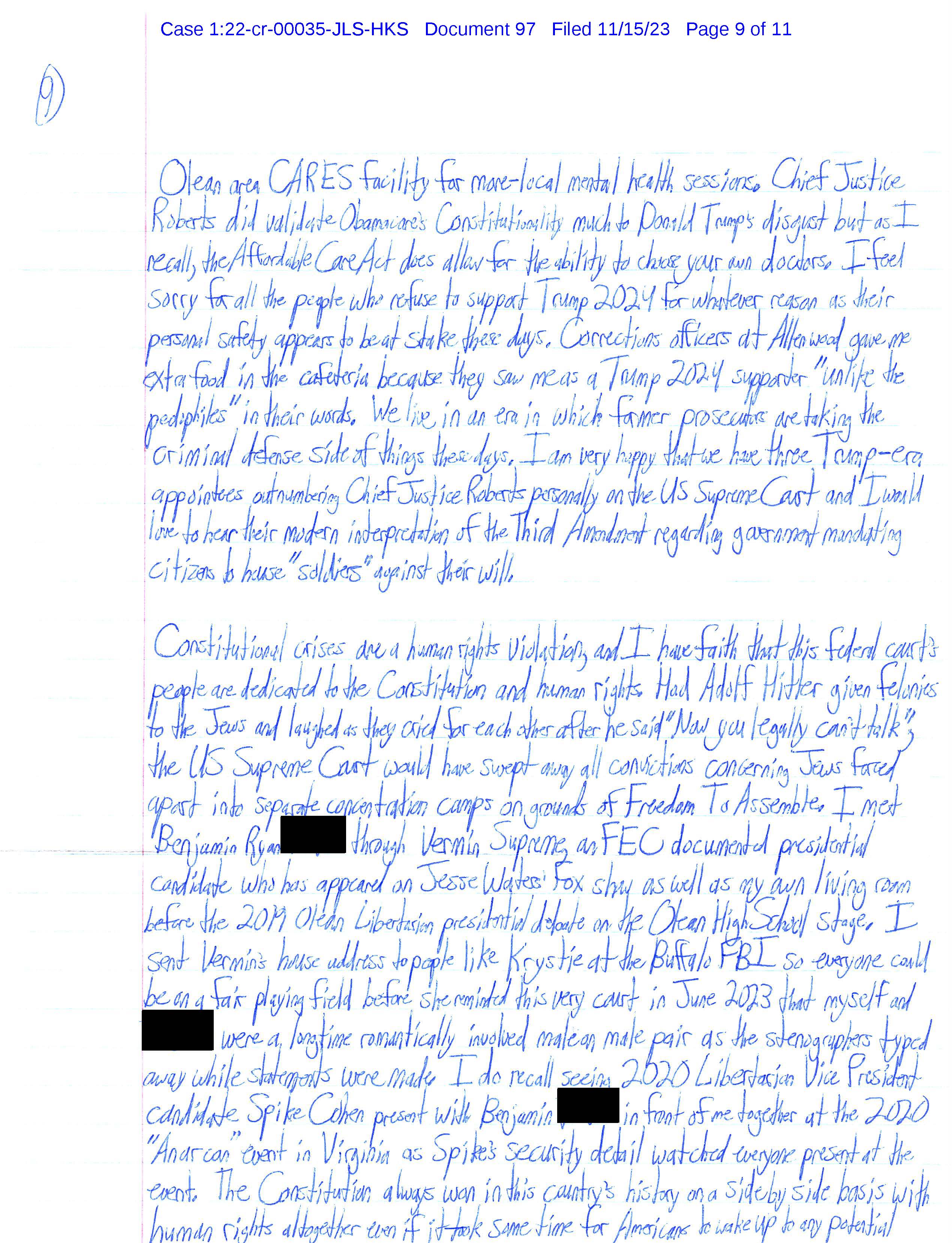 Page 9 of Luke Wenke’s November 15, 2023 letter discussing Donald Trump, the Supreme Court, constitutional rights, Hitler, and his romantic involvement.