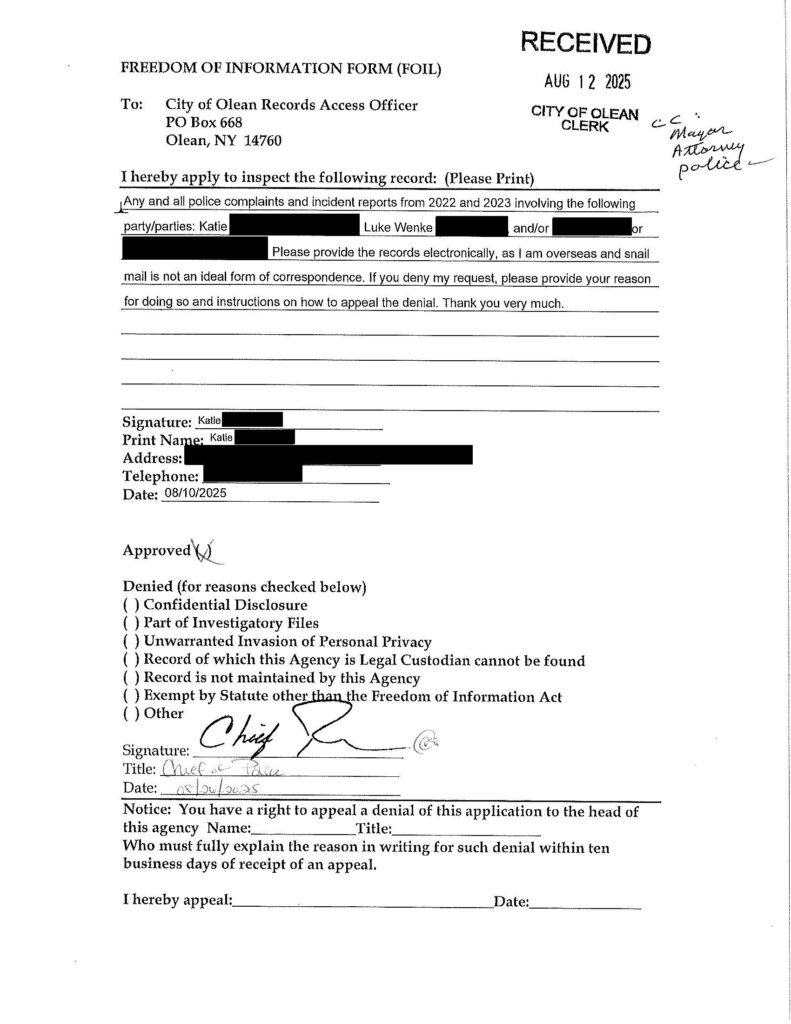freedom of information request for police reports involving luke wenke olean ny 2025