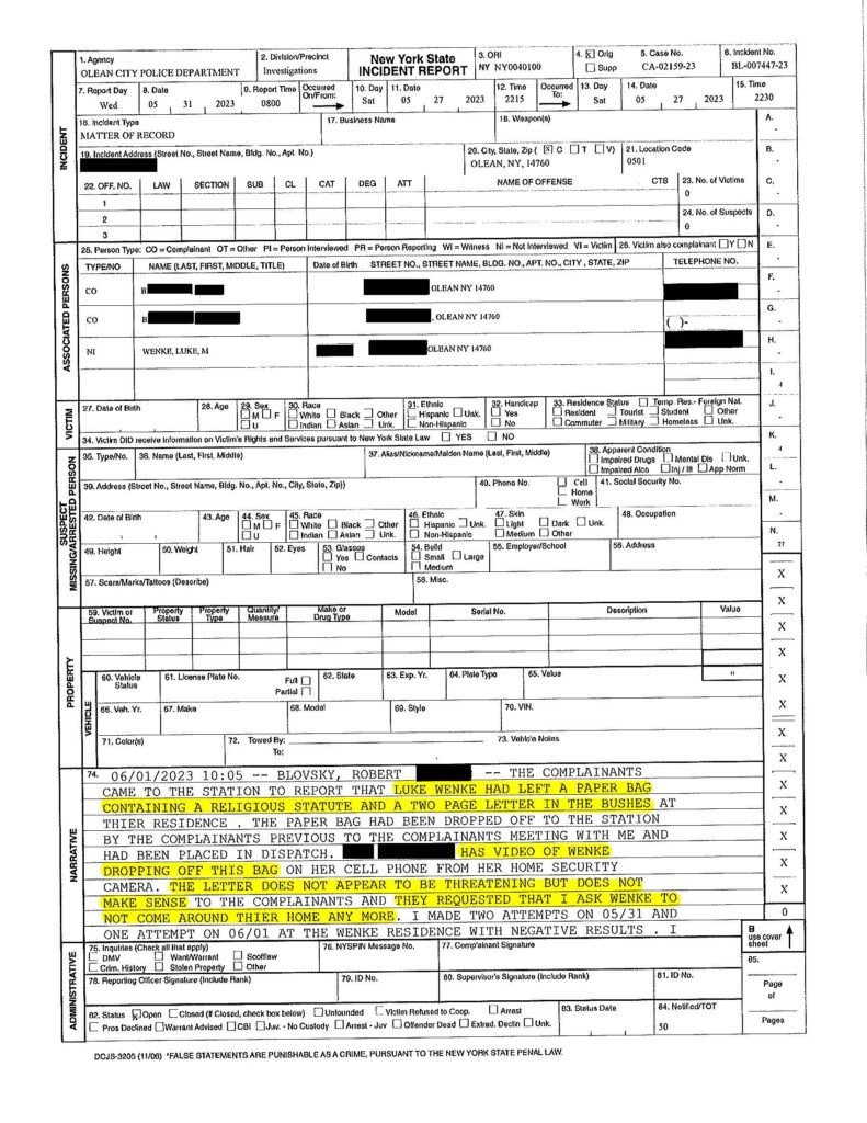 a police report about uke wenke leaving a letter and religious statue at someone's house 2023