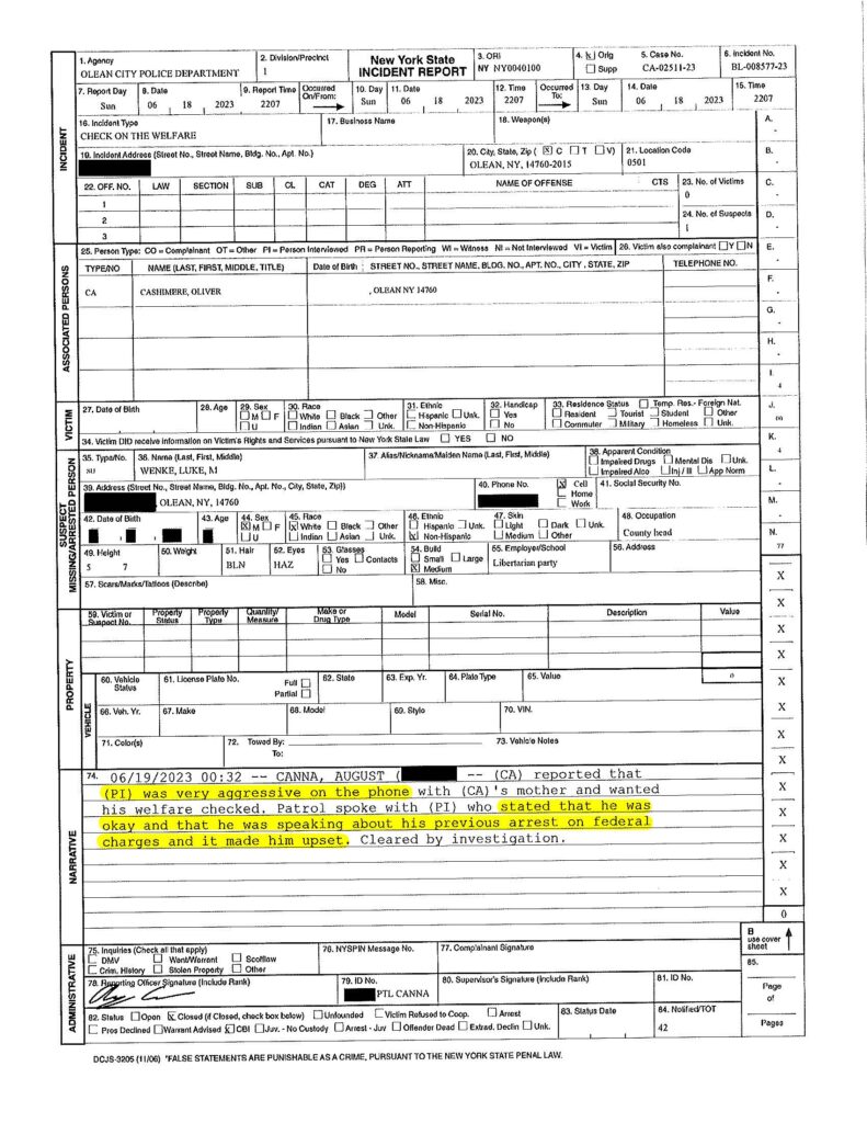 a police report about a welfare check at the home of luke wenke during an emotional meltdown 2023
