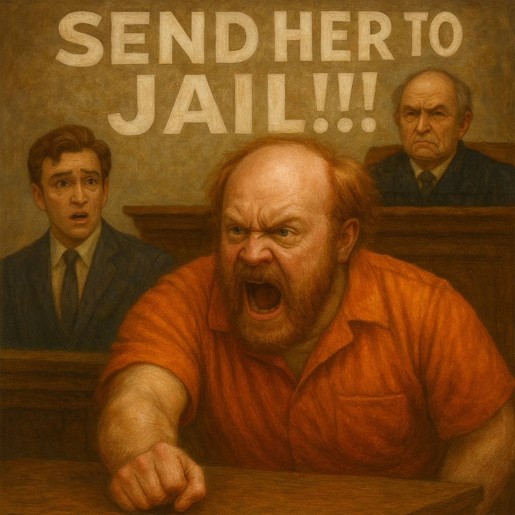 Illustration of an angry Luke Wenke lookalike in orange jail clothing pounding a courtroom table beneath the words “Send Her to Jail!!!”