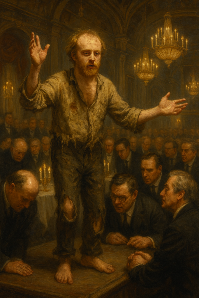 Satirical painting of a disheveled Luke Wenke lookalike standing barefoot above bowing officials in an ornate government hall