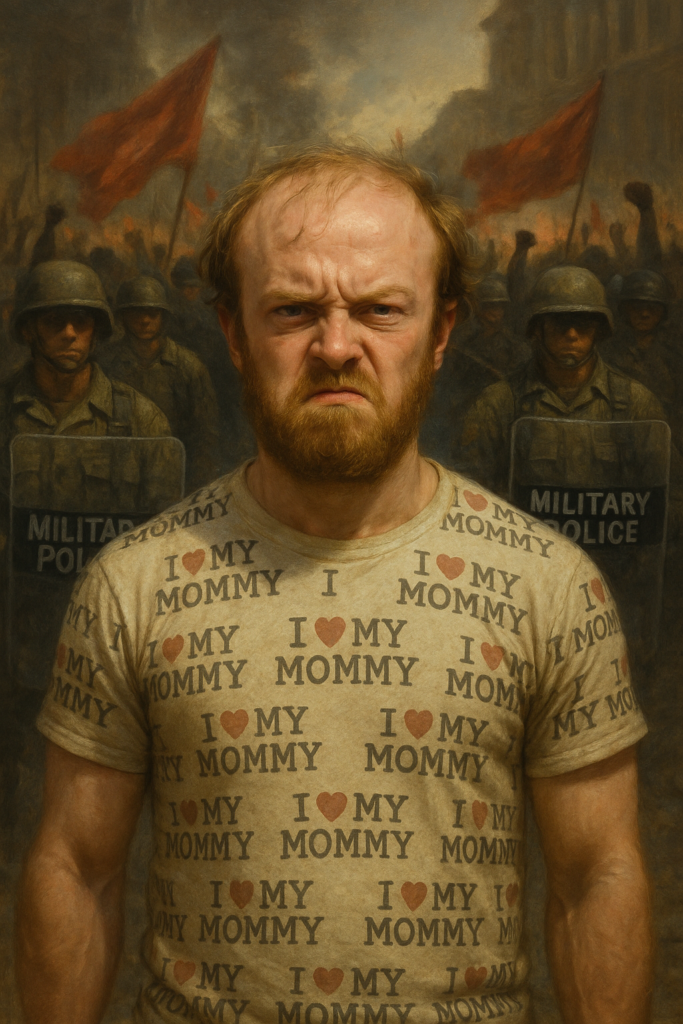 Satirical painting of an angry man resembling Luke Wenke wearing an “I Love My Mommy” shirt before military police, protesters, and red flags.