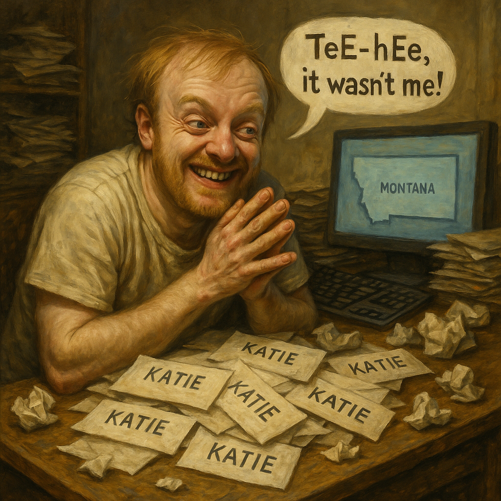 Satirical illustration of a Luke Wenke lookalike denying contact with Katie while surrounded by notes bearing her name.