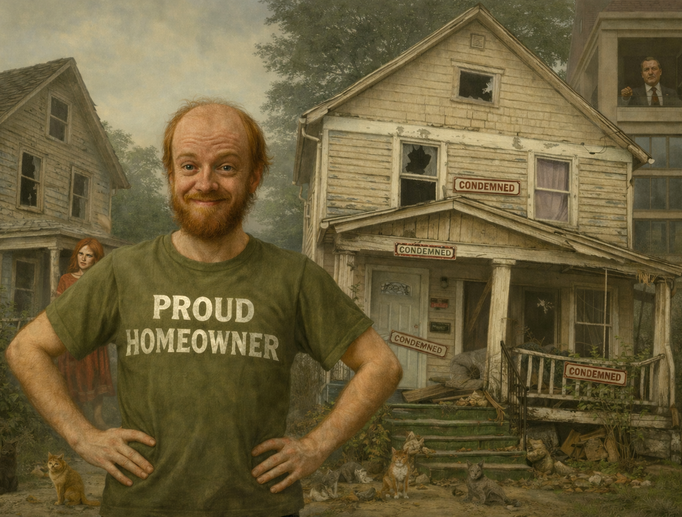 Satirical illustration of a smiling Luke Wenke lookalike wearing a “Proud Homeowner” shirt in front of a dilapidated house covered in condemned signs.