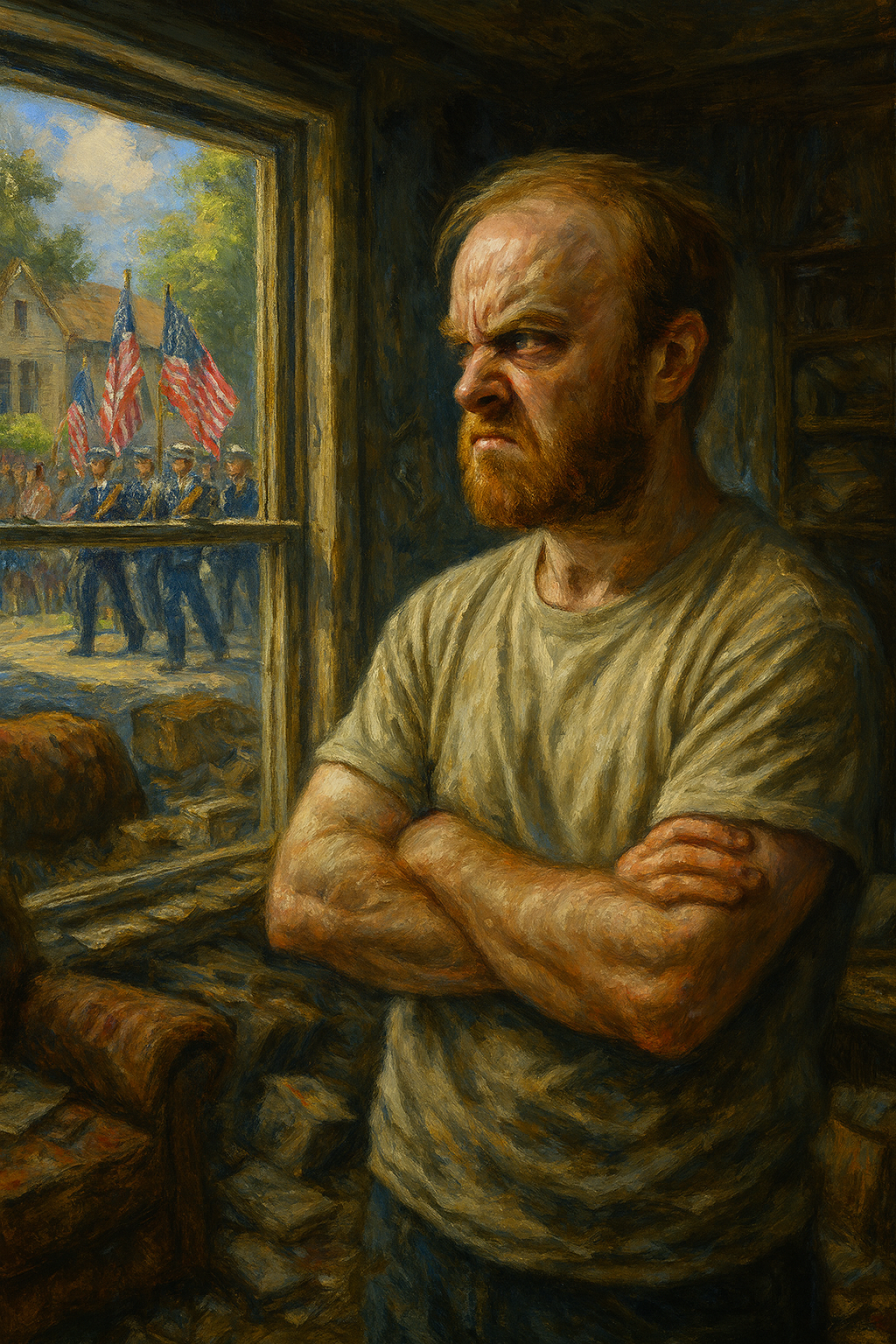 not luke wenke angry balding bearded white man white t-shirt staring out window at patriotic parade