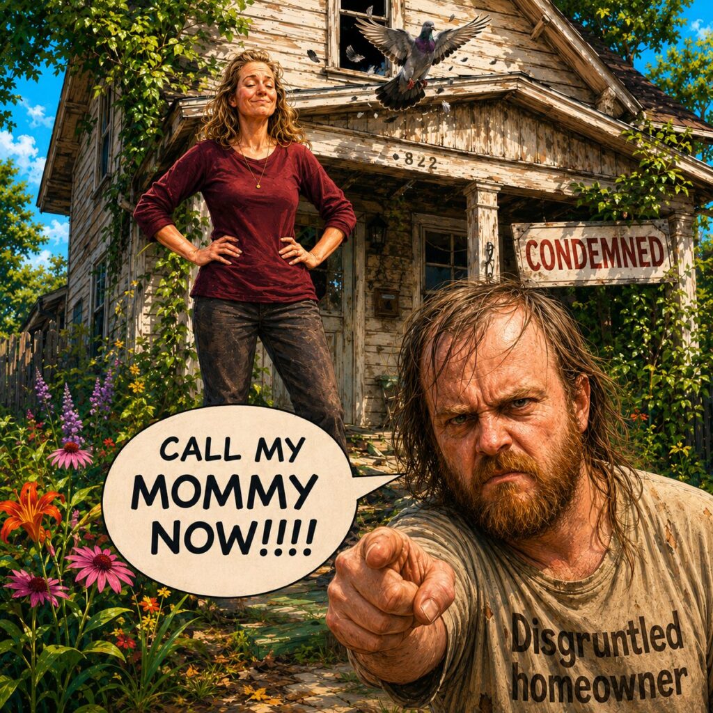 Luke Wenke lookalike angrily pointing and saying “Call My Mommy Now” outside a condemned house as a woman stands behind him.