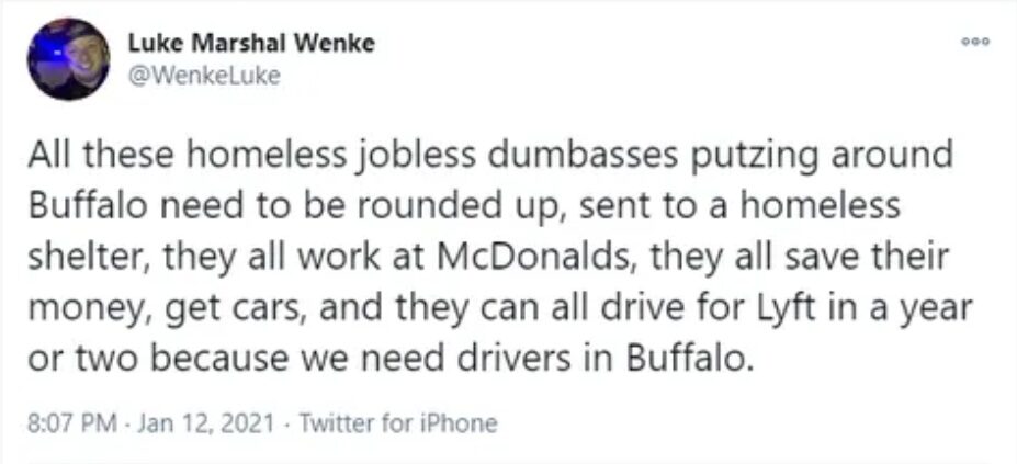 screenshot of a january 2021 facebook post by luke wenke mocking homeless people for being unemployed