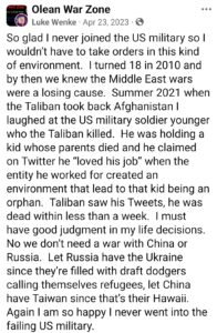 luke wenke facebook screenshot antimilitary antiamerican 2023