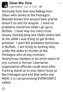 Luke Wenke Facebook screenshot insults nasty mean olean 2023