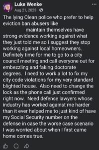 luke wenke facebook screenshot antipolice false allegations financial crimes