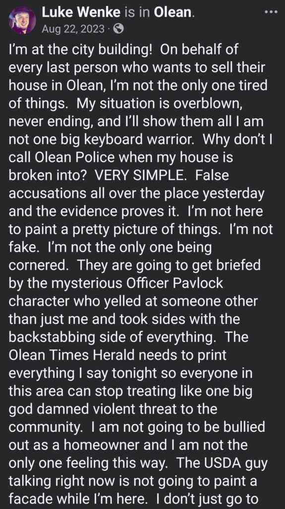 luke wenke facebook screenshot self-pity obsession paranoid 2023