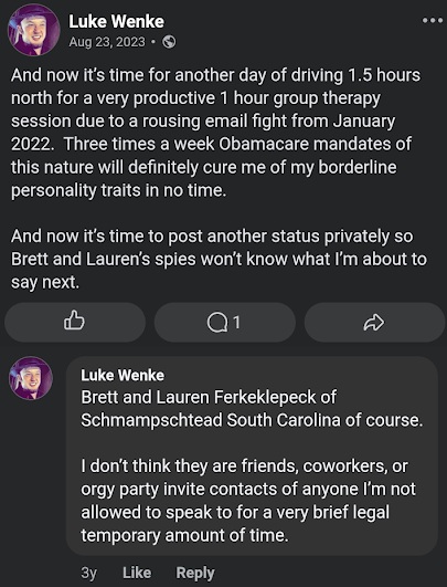 luke wenke accuses stalking victim teeter family of spying on him august 2023 facebook screenshot