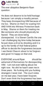 luke wenke facebook screenshot benjamin ryan teeter obsession 2023