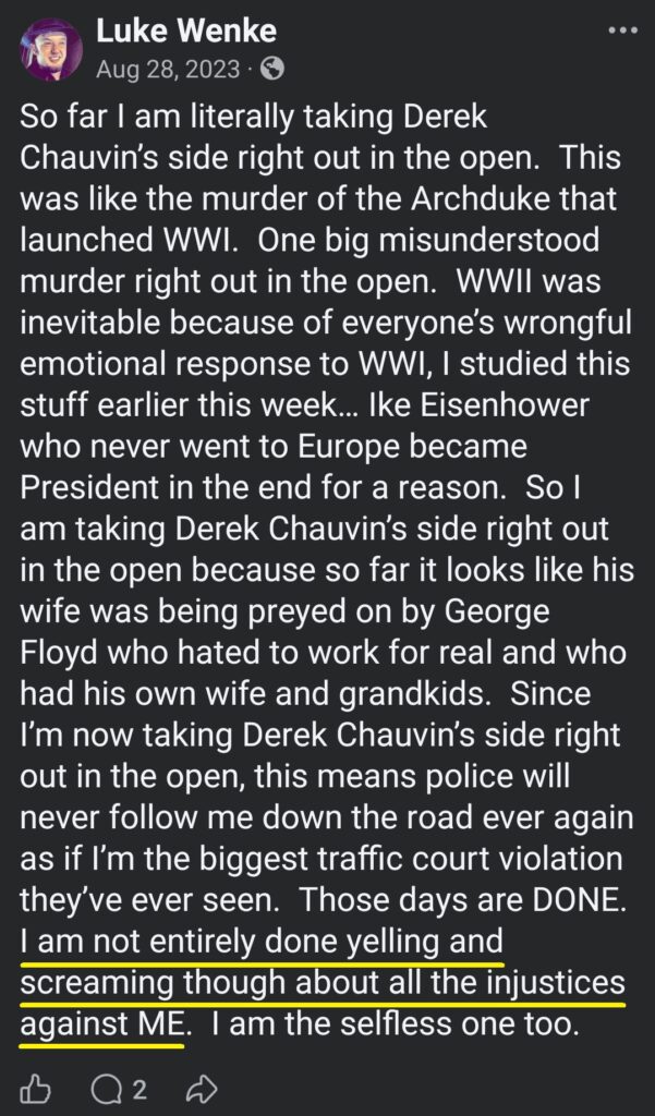 luke wenke facebook screenshot racist derek chauvin george floyd owed demands 2023
