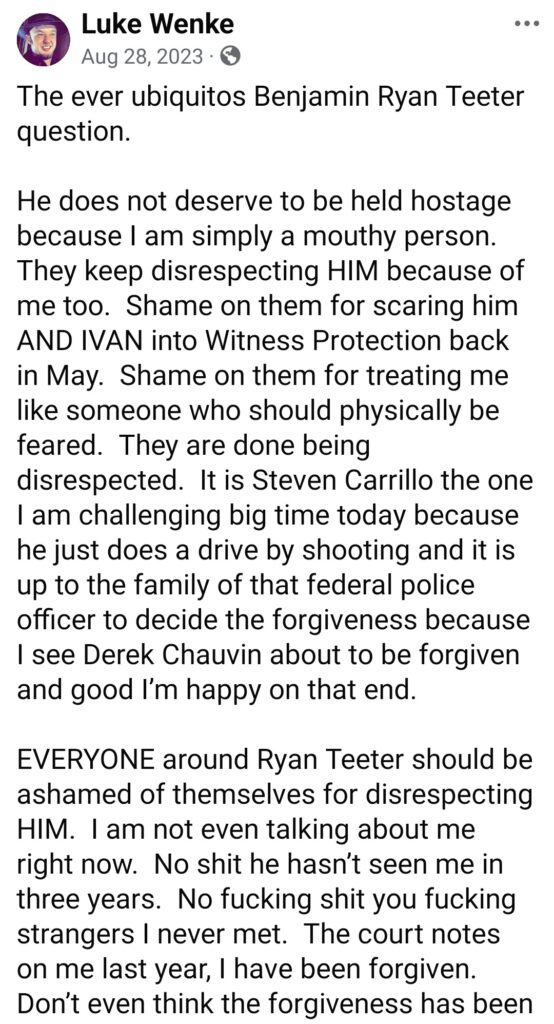 luke wenke facebook screenshot ryan obsession owed demands 2023
