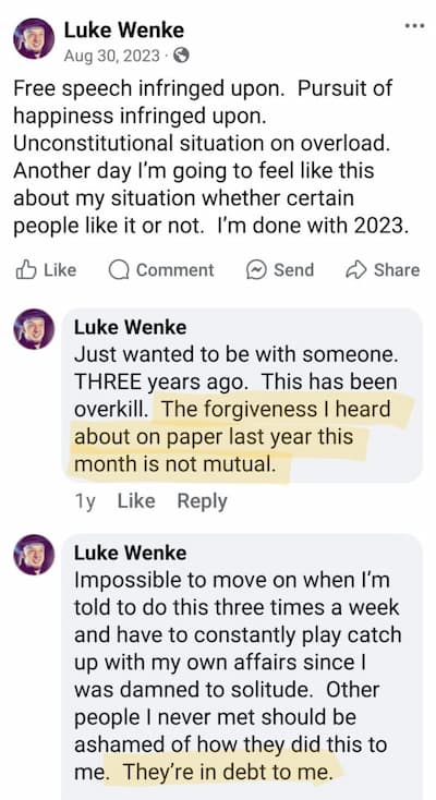 Luke Wenke facebook screenshot demands owed ryan obsession 2023