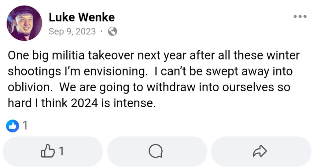 luke wenke facebook screenshot violence war guns predictions 2023