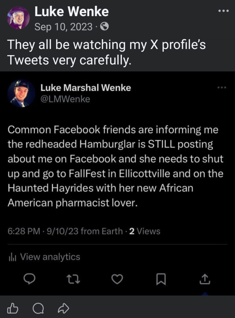 luke wenke falsely accuses his victims of spying on his profile facebook screenshot september 2023