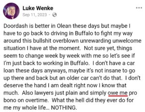 luke wenke facebook screenshot owed demands 2023