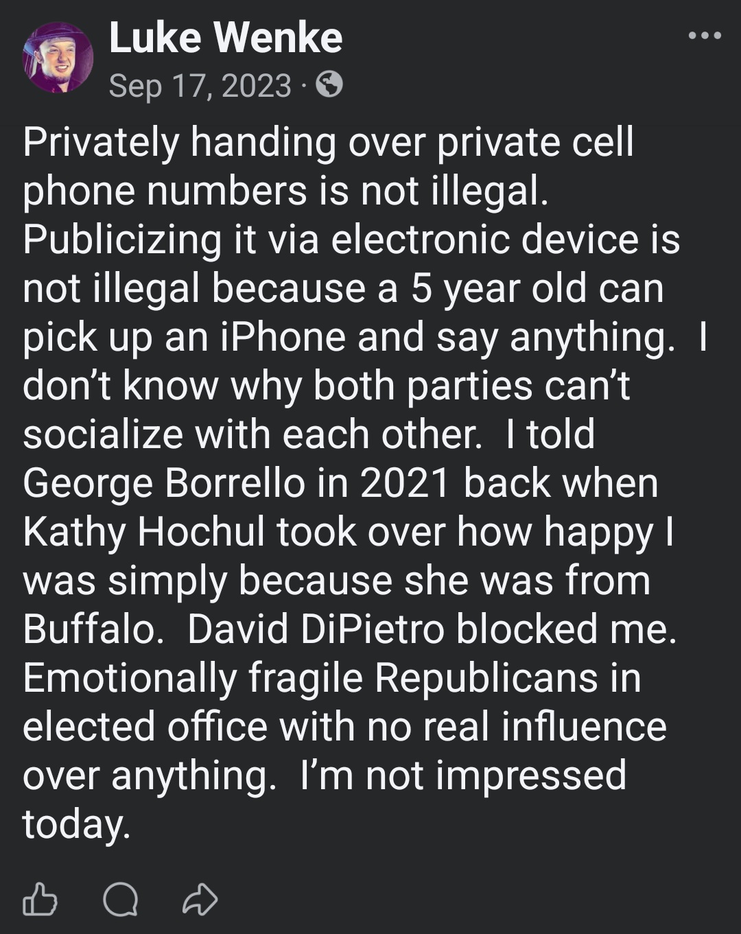 luke wenke september 2023 facebook post screeenshot luke wenke says it is not illegal to leak phone numbers