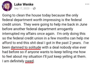 luke wenke facebook screenshot owed demands incel talk 2023