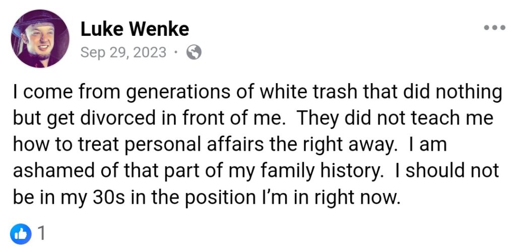 luke wenke facebook screenshot self-pity incel talk 2023