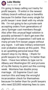 luke wenke facebook screenshot demands owed 