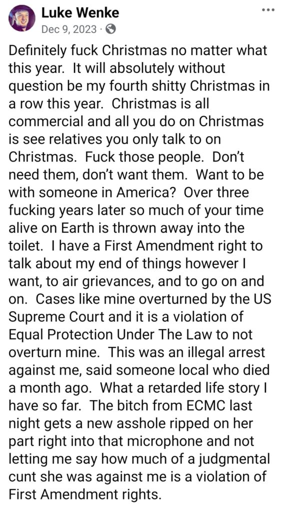 luke wenke facebook screenshot ryan obsession demands owed 2023